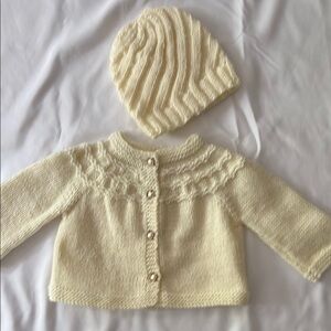 New Hand Knit Cream Baby Cardigan With Pearl Buttons and Hat Set